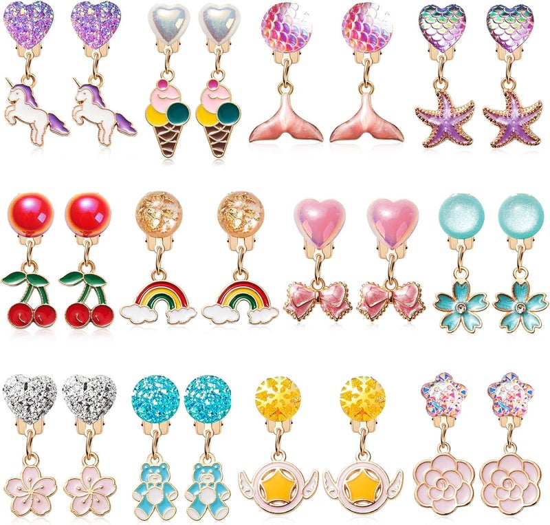 ERDOGLY Clip On Earrings for Girls, 10/12 Pairs Kids Clip On Earrings for Toddler Party Favor, Stick on Earring Jewelry Set for Little Girl Princess Play Ages 3-12 - Image 1